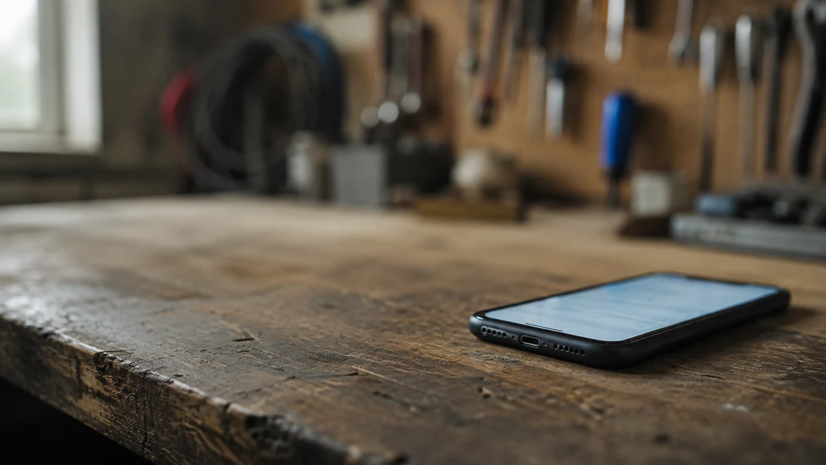 Unscharfes Foto: Smartphone auf einer abgenutzten Werkbank, im Hintergrund Werkzeuge an einer Lochwand.