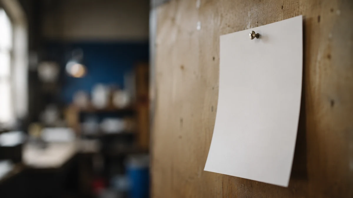 Unscharfes Foto: leeres Blatt Papier mit Reisszwecke an einer Holzwand, dahinter ein Werkstattraum.